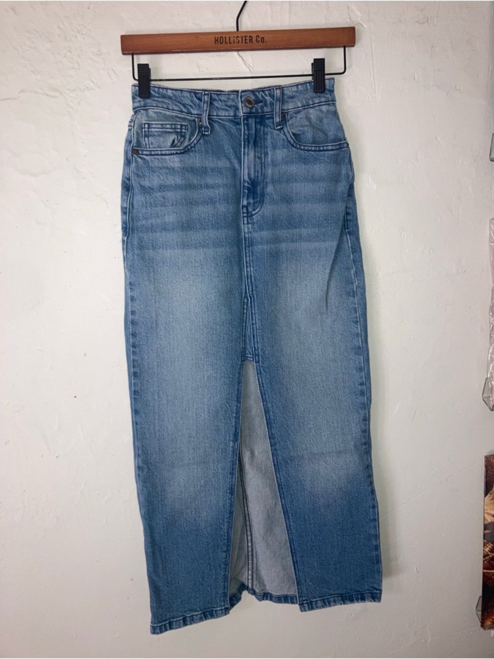 Light Blue Denim Midi Skirt with Front Slit - Hollister